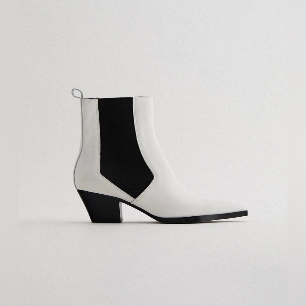 Zara white leather heeled cowboy ankle boots